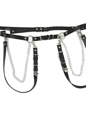 Hot Topic Black Faux Leather Body Harness Belt Silver Chain Heart Accents M L
